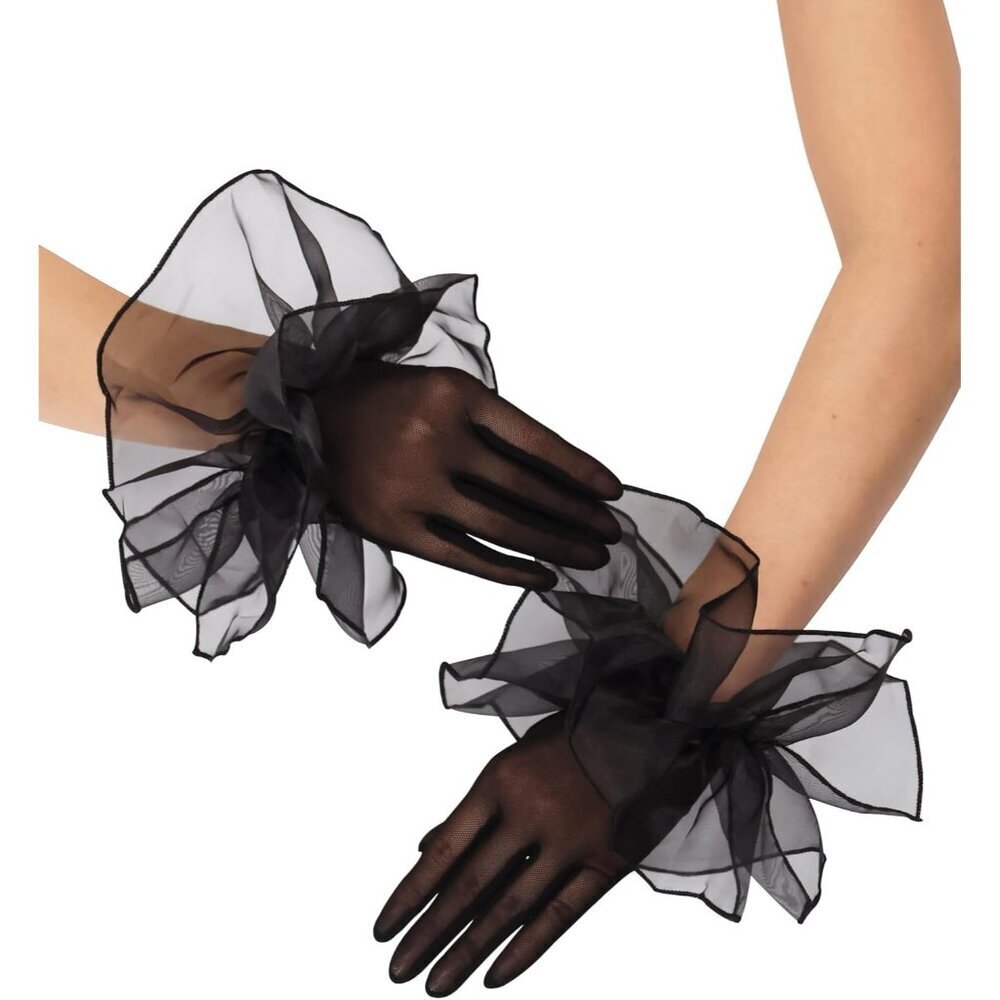 Women's Black Short Mesh Imported Tulle Sheer Lace Ruffles Gloves